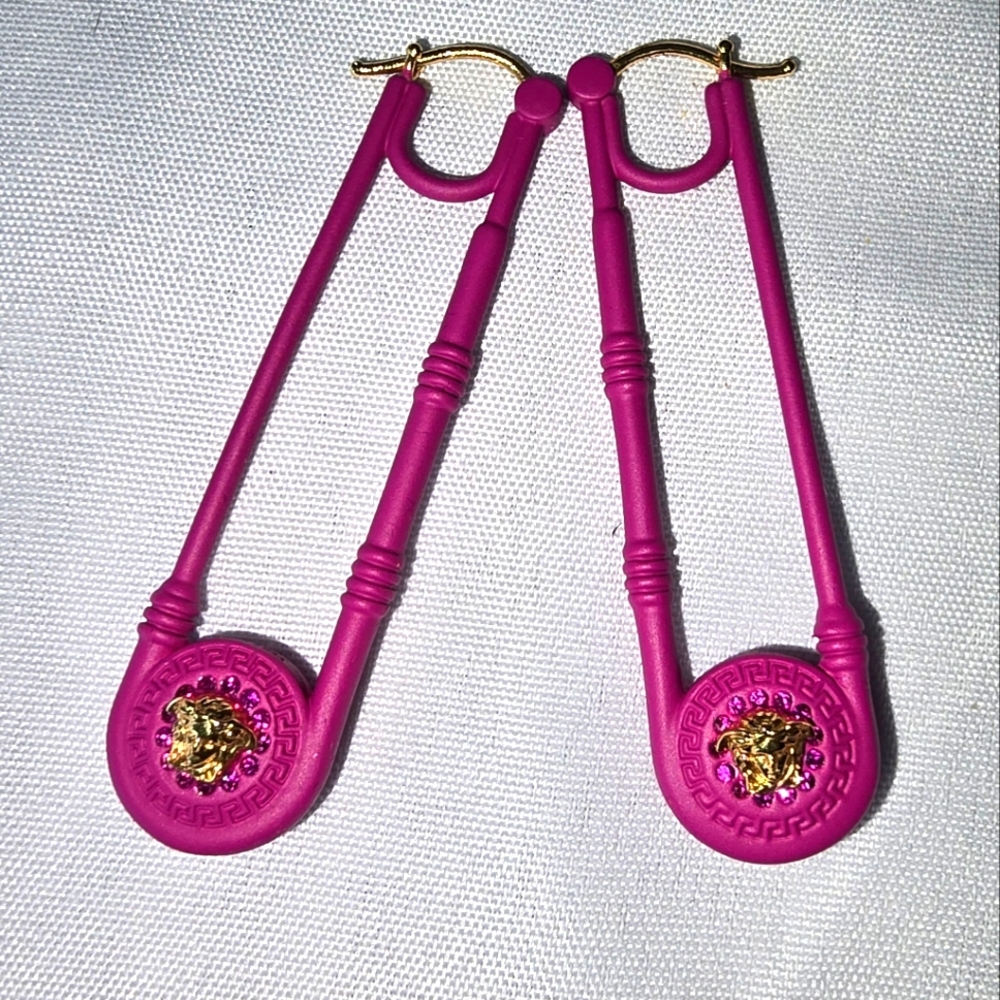 Versace Magenta Safety Pin Earrings